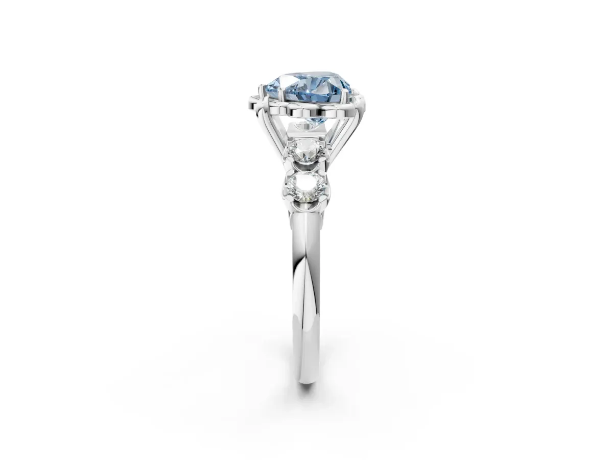 Fancy Blue Heart Cut Cut Diamond Floral Halo Engagement Ring with Shared Prong Setting Silver