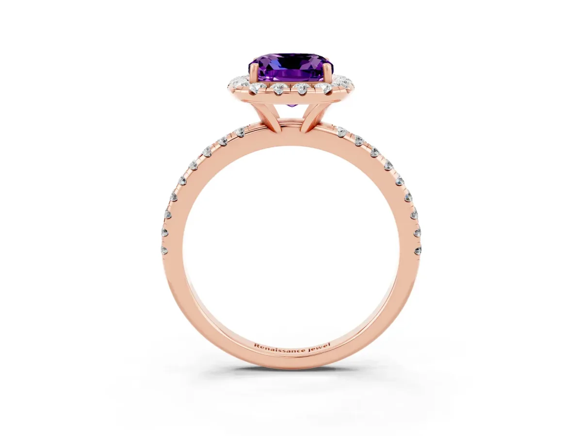 Cushion Cut Amethyst Halo Ring with Round Pavé Band and Prong Setting Rose gold