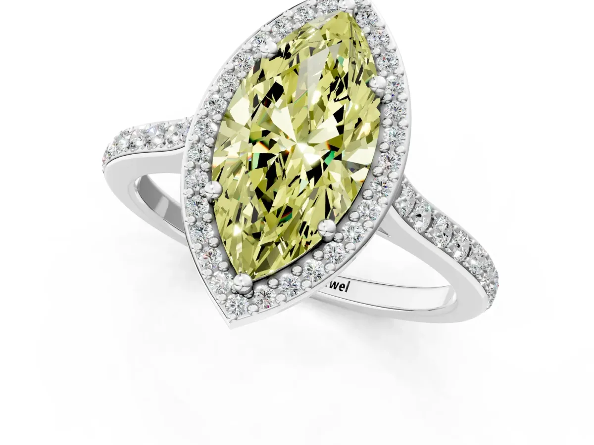 Fancy Yellow Marquise Cut Diamond Halo Engagement Ring with Round Pavé Shoulders and Prong Setting Platinum