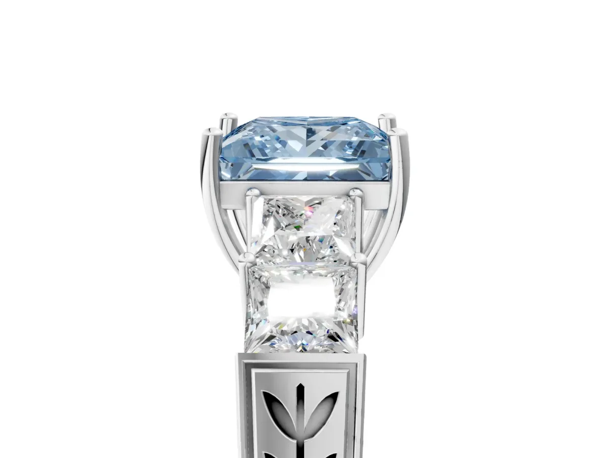 Fancy Blue Princess Cut Solitaire Princess Side Stone Engraved Band Prong Setting Ring Silver