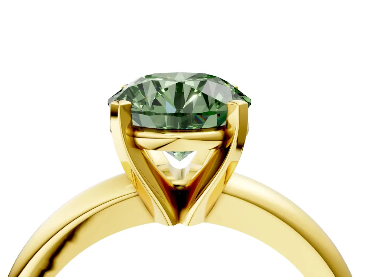 Fancy Green Round Cut Diamond Solitaire Engagement Ring with Round Band and Four-Prong Setting Yellow gold