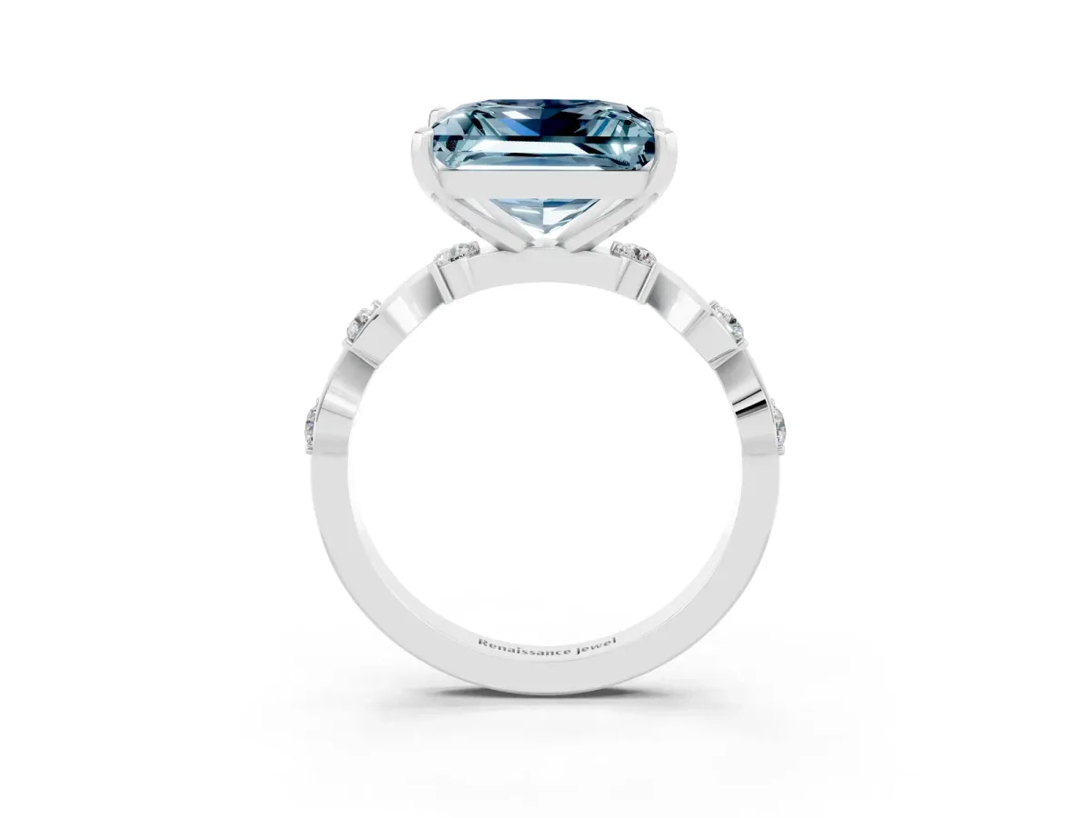 Princess Cut Aquamarine Solitaire Twisted Band with Round Accents and Prong Setting Platinum