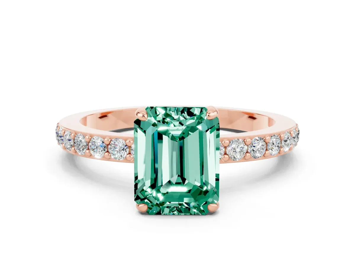 Emerald Cut Green Sapphire Solitaire Engagement Ring with Pavé Band and Four-Prong Setting Rose gold