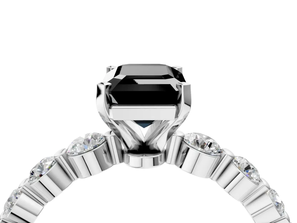Fancy Black Emerald Cut Solitaire Diamond Ring with Pave Band and Four-Prong Setting Silver