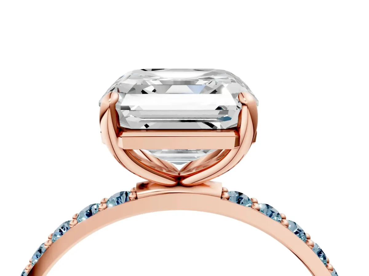 Asscher Cut Diamond Solitaire Ring with Round Aquamarine Pavé Band and Prong Setting Rose gold