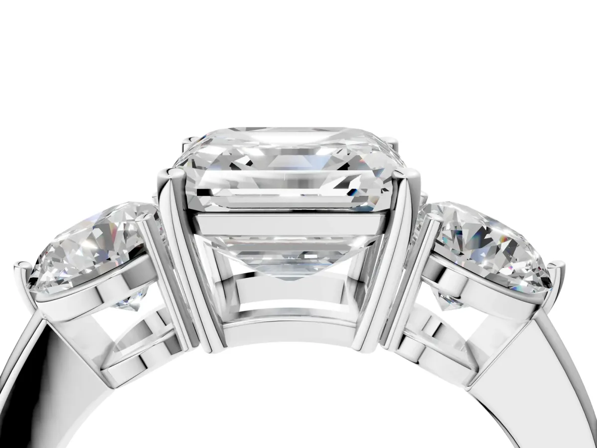 Asscher Cut Diamond Three-Stone Ring with Prong Setting and Classic Band Platinum
