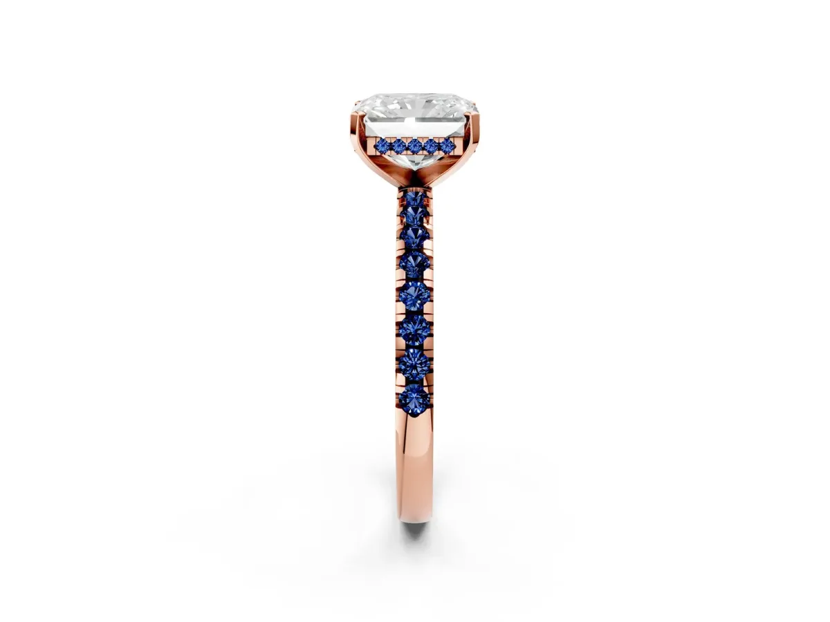 Radiant Cut Diamond Solitaire Ring with Round Blue Sapphire Pavé Band and Four-Prong Setting Rose gold