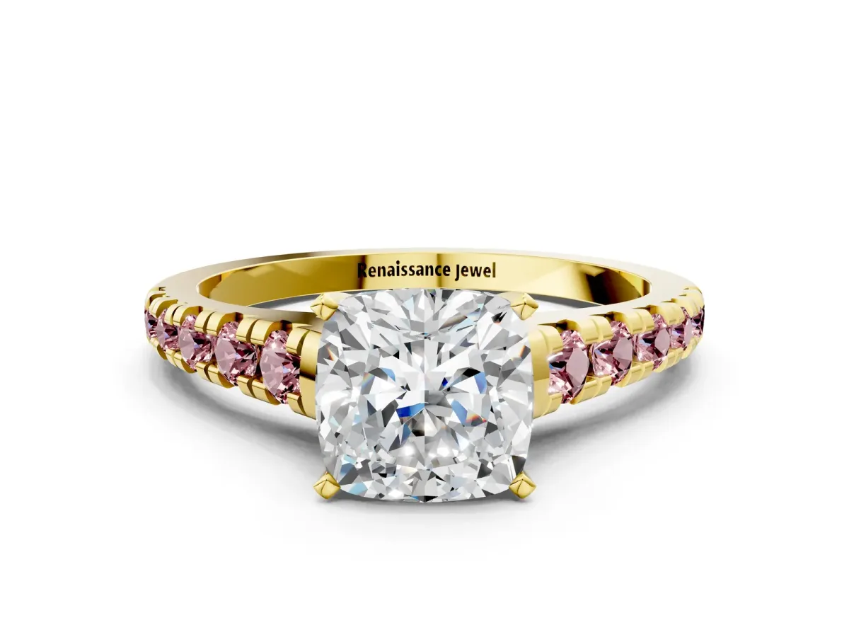 Cushion Cut Diamond Cathedral Solitaire Ring with Round Morganite Pavé Band Yellow gold