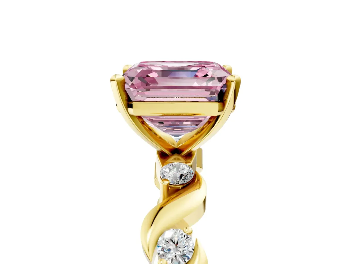 Fancy Pink Asscher Cut Diamond Solitaire Twisted Band with Round Accents and Prong Setting Yellow gold
