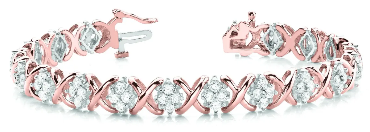 Round Cluster Diamond Tennis Bracelet with X-Link Band and Four-Prong Setting Rose gold