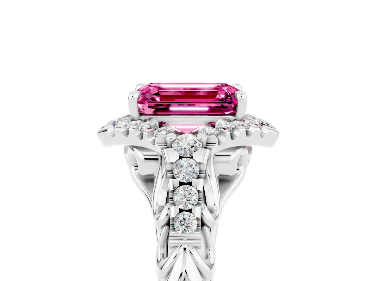 Emerald Cut Pink Sapphire Solitaire Ring with Hidden Halo and Pavé Band White gold