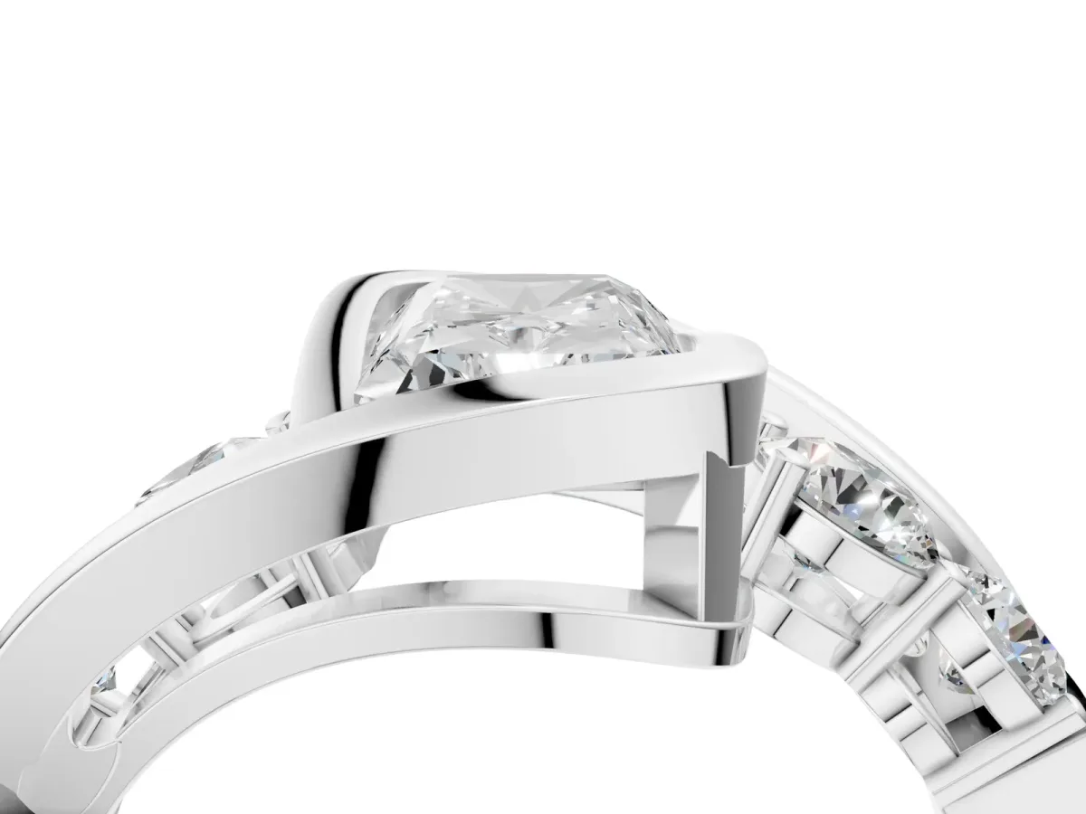 Bezel Set Radiant Cut Diamond Bypass Ring with Round Accents White gold