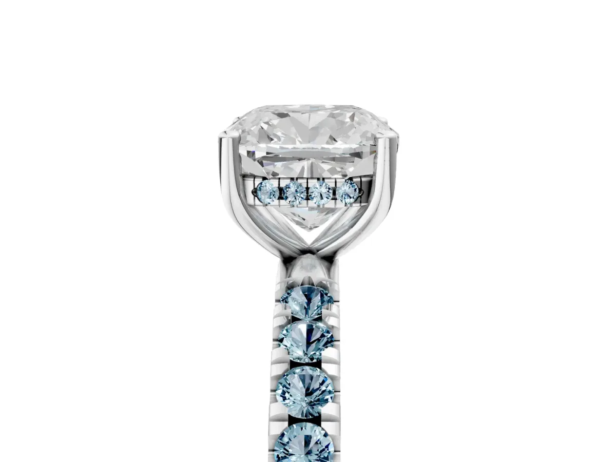Cushion Cut Diamond Pave Band Solitaire Ring with Round Aquamarine and Prong Setting White gold