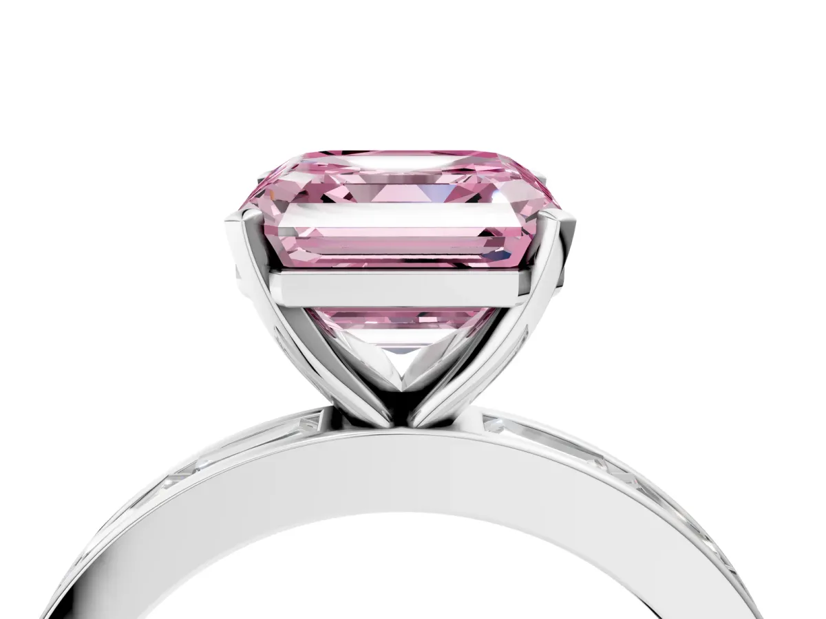 Fancy Pink Asscher Cut Solitaire Diamond Ring with Channel-Set Baguette Band and Four-Prong Setting White gold