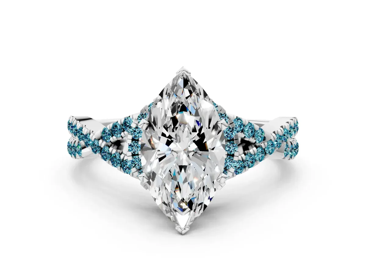Marquise Cut Diamond Blue Topaz Halo Twist Band Solitaire Prong Setting Ring White gold
