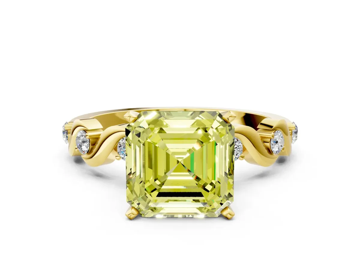 Fancy Yellow Asscher Cut Diamond Solitaire Twisted Band with Round Accents and Prong Setting Yellow gold