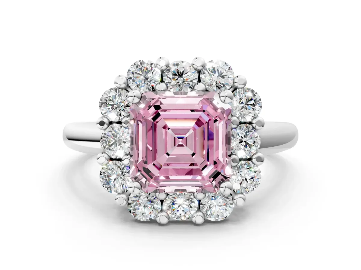 Fancy Pink Asscher Cut Halo Cluster Diamond Engagement Ring with Prong Setting and Polished Band Platinum