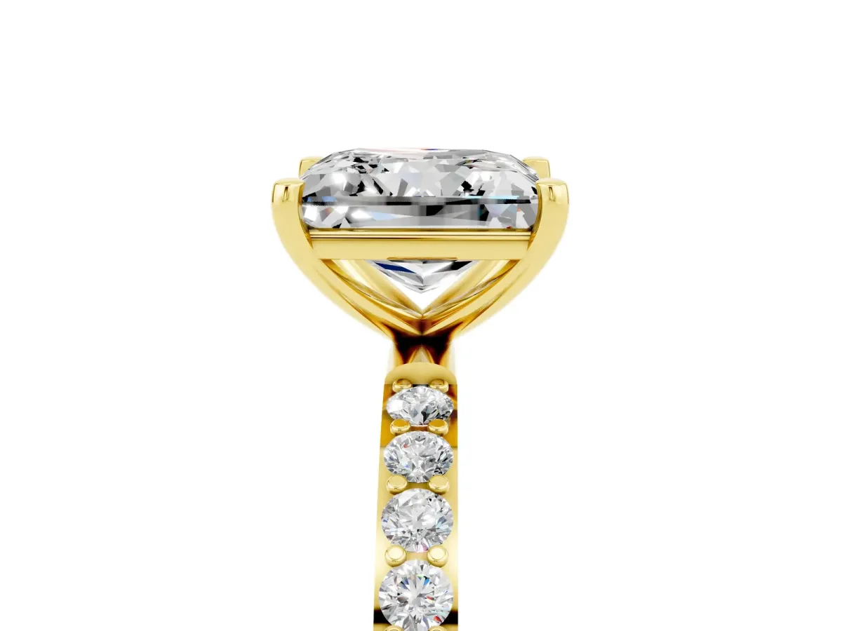 Princess Cut Moissanite Solitaire Ring with Round Pavé Band and Prong Setting Yellow gold