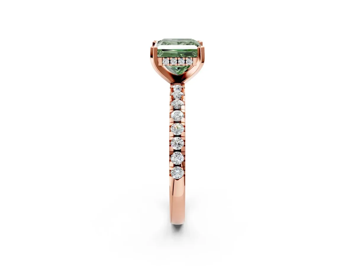 Fancy Green Princess Cut Diamond Solitaire Ring with Round Pavé Band and Four-Prong Setting Rose gold