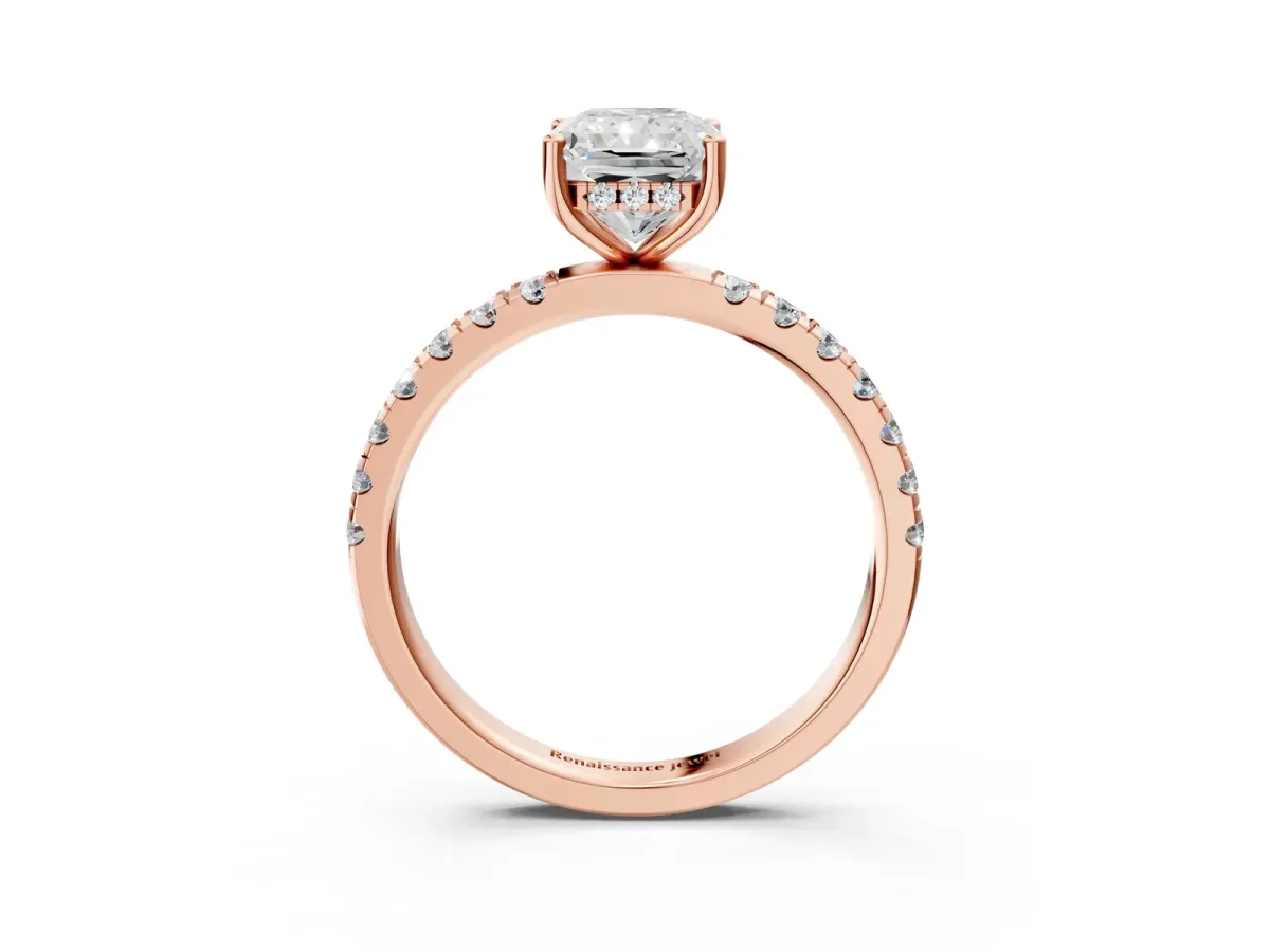 Radiant Cut Diamond Pave Band Solitaire Ring with Round Moissanite and Prong Setting Rose gold