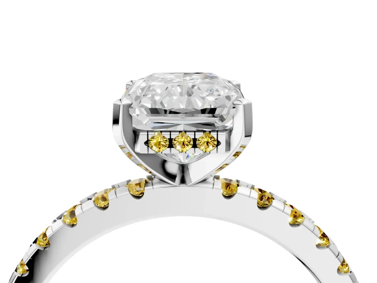 Radiant Cut Diamond Solitaire Ring with Round Yellow Sapphire Pavé Band and Four-Prong Setting White gold