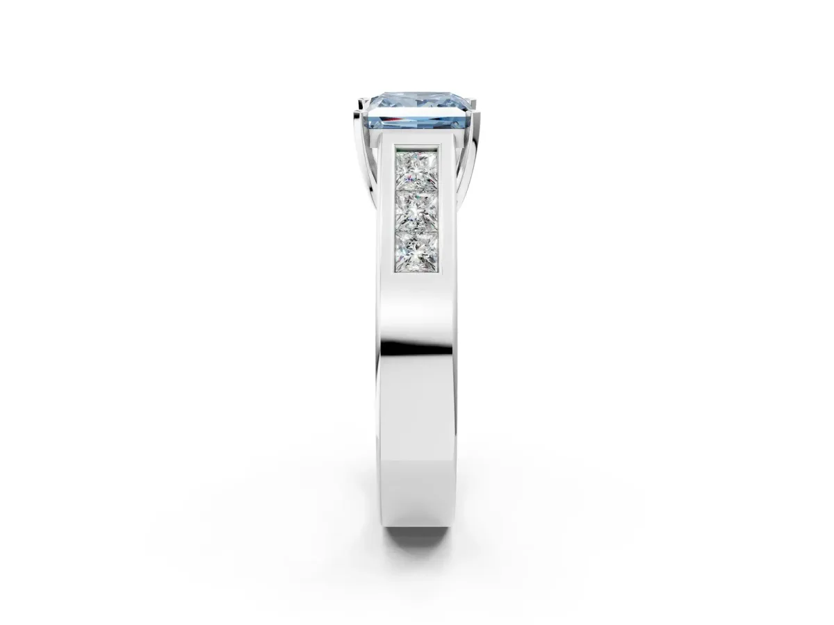Fancy Blue Princess Cut Cut Channel Set Solitaire Ring with Four-Prong Setting Silver