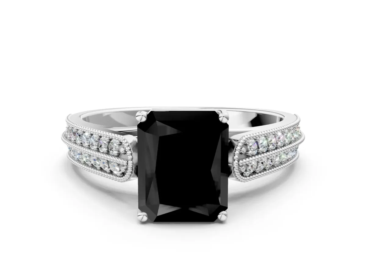 Fancy Black Radiant Cut Cut Pave Split Shank Engagement Ring with Four-Prong Setting Platinum