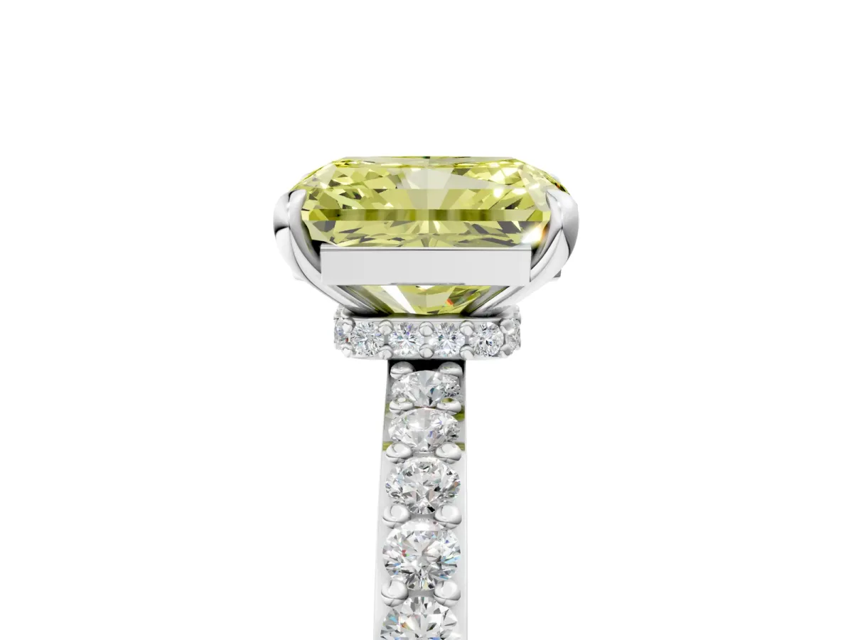 Fancy Yellow Radiant Cut Diamond Solitaire Engagement Ring with Pavé Band and Four-Prong Setting White gold