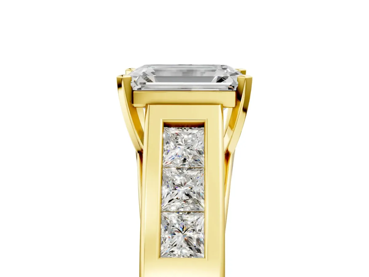 Emerald Cut Cut Channel Set Solitaire Ring with Four-Prong Setting Yellow gold