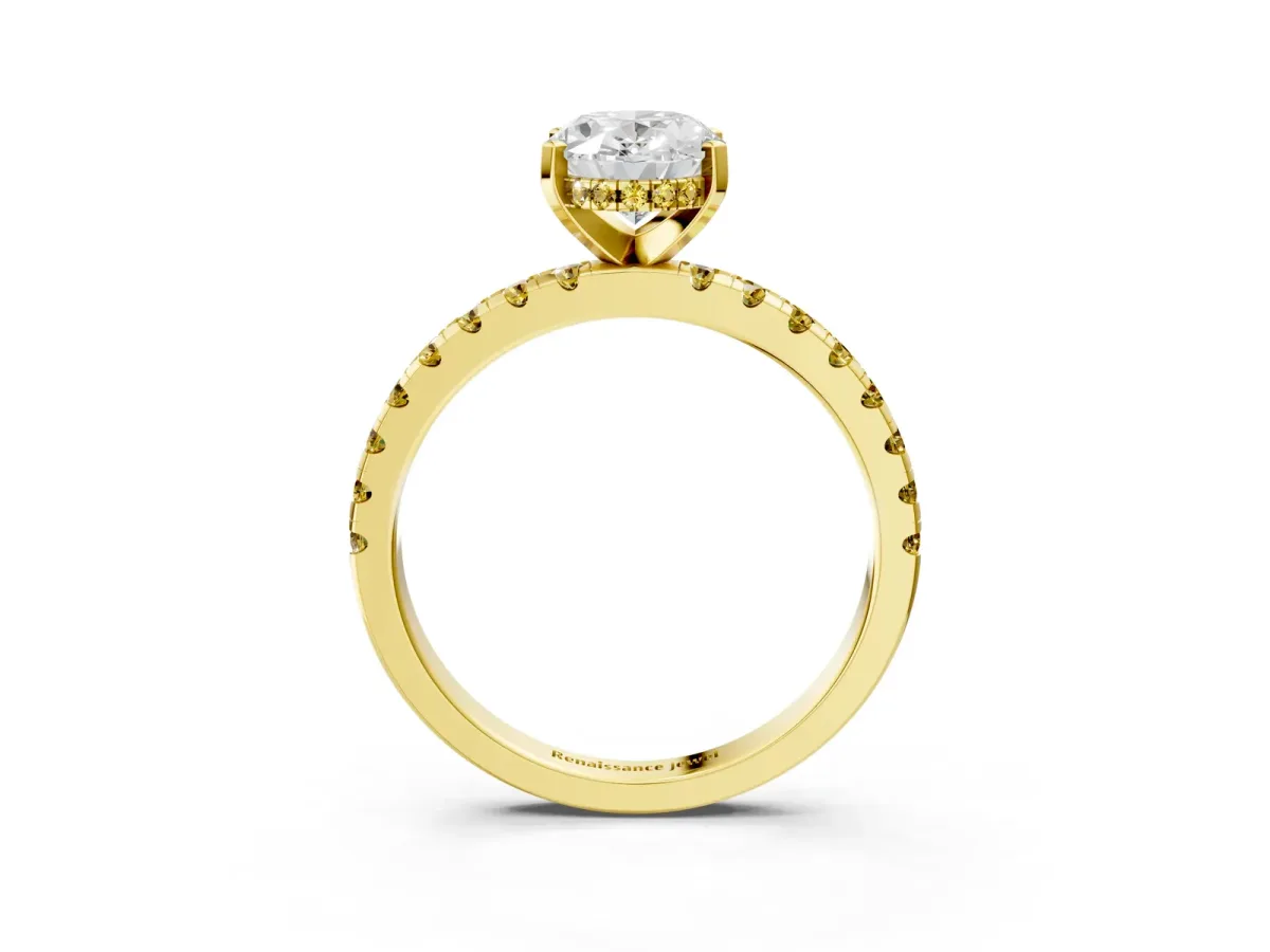 Oval Cut Diamond Solitaire Ring with Round Yellow Sapphire Pavé Band and Four-Prong Setting Yellow gold