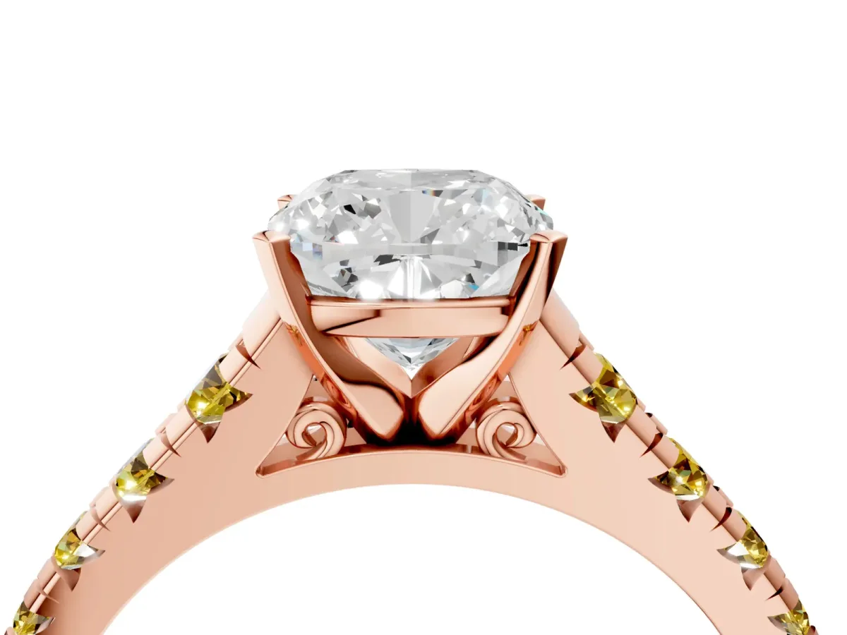 Cushion Cut Diamond Cathedral Solitaire Ring with Round Yellow Sapphire Pavé Band Rose gold
