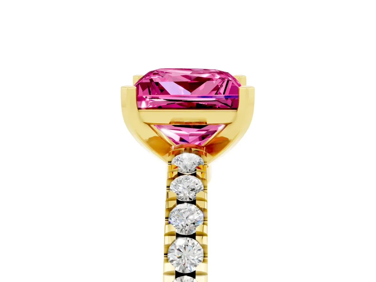 Princess Cut Solitaire Pink Sapphire with Pavé Band and Four-Prong Setting Yellow gold
