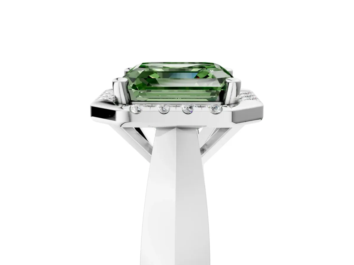 Fancy Green Asscher Cut Cut Halo Solitaire Engagement Ring with Square Band and Four-Prong Setting White gold