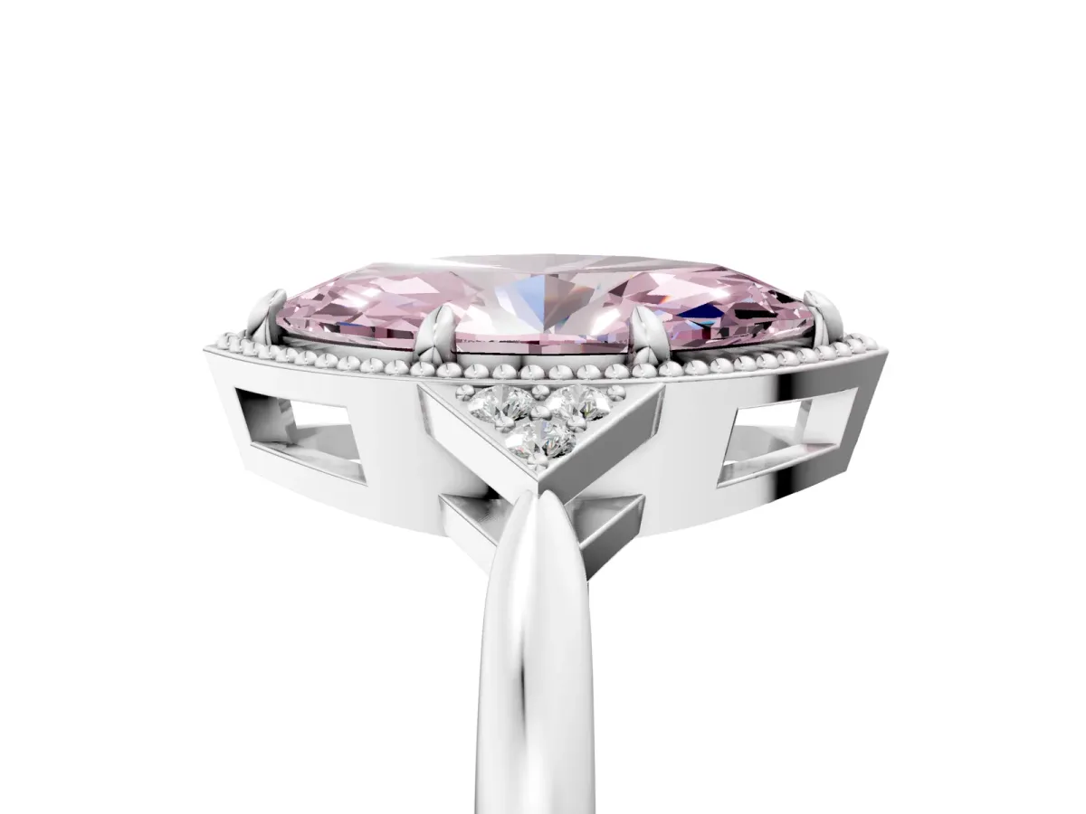 Fancy Pink Milgrain Marquise Cut Cut Diamond Ring with Tapered Pave Band and Four Prong Setting Platinum