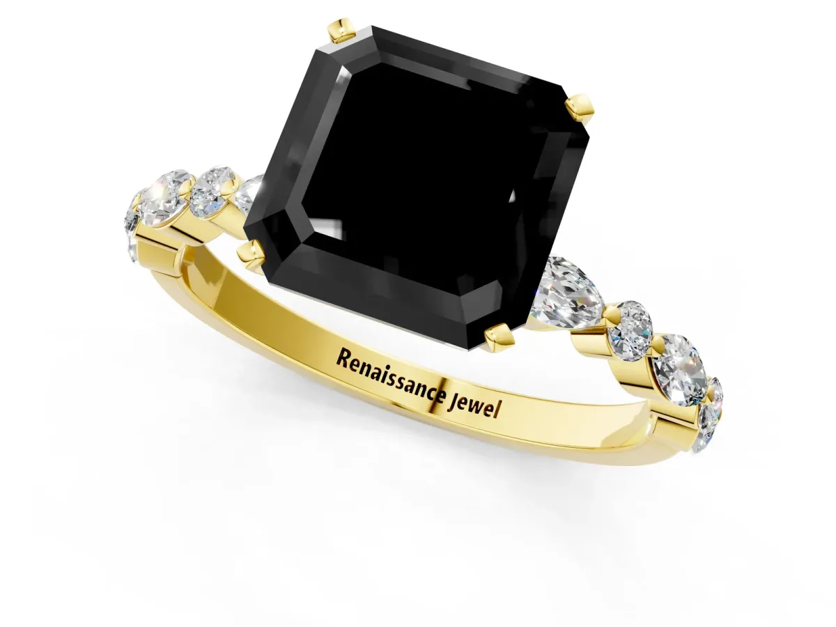 Fancy Black Asscher Cut Diamond Ring with Marquise and Round Side Stones and Four-Prong Setting Yellow gold