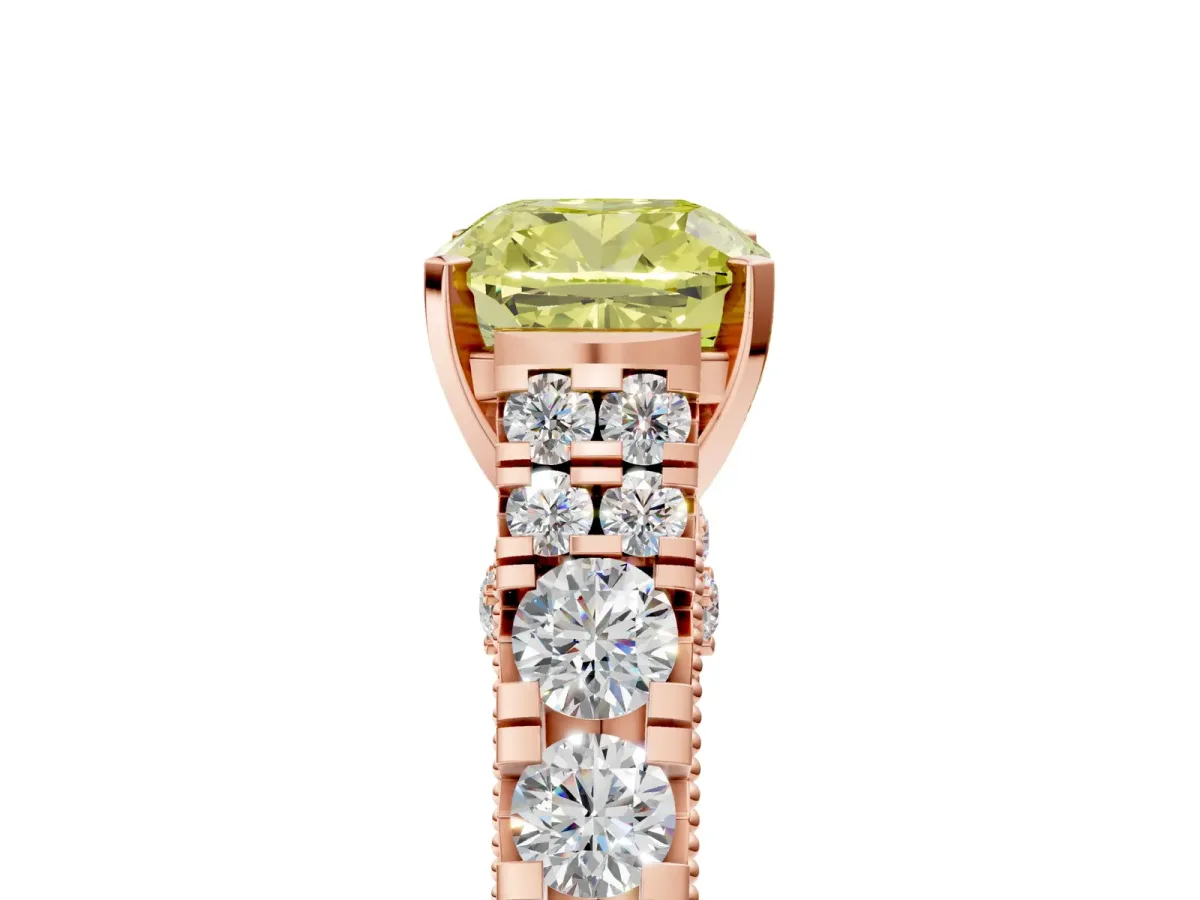 Fancy Yellow Cushion Cut Diamond Classic Solitaire Ring with Pavé Band and Four-Prong Setting Rose gold