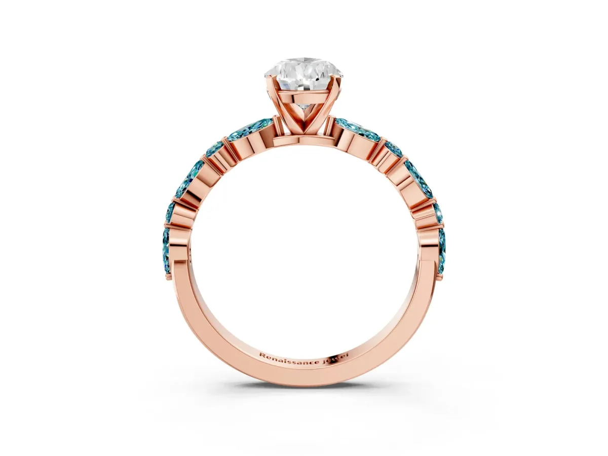 Pear Cut Diamond Ring with Marquise and Round Blue Topaz Side Stones and Four-Prong Setting Rose gold