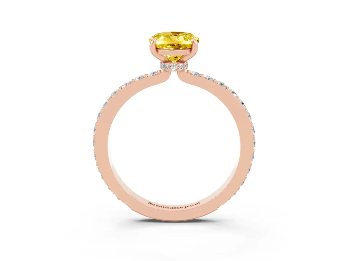 Oval Cut Yellow Sapphire Solitaire Engagement Ring with Pavé Band and Four-Prong Setting Rose gold