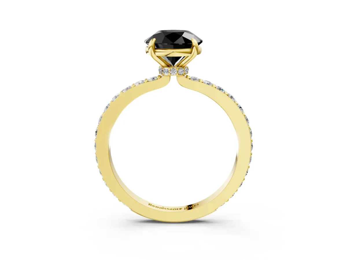Fancy Black Round Cut Diamond Solitaire Engagement Ring with Pavé Band and Four-Prong Setting Yellow gold