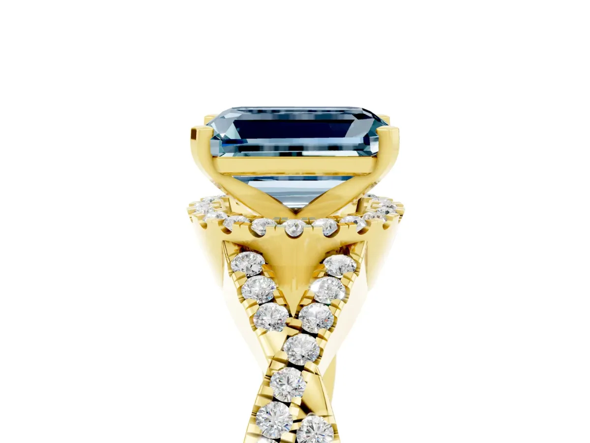 Emerald Cut Aquamarine Halo Twist Band Solitaire Prong Setting Ring Yellow gold