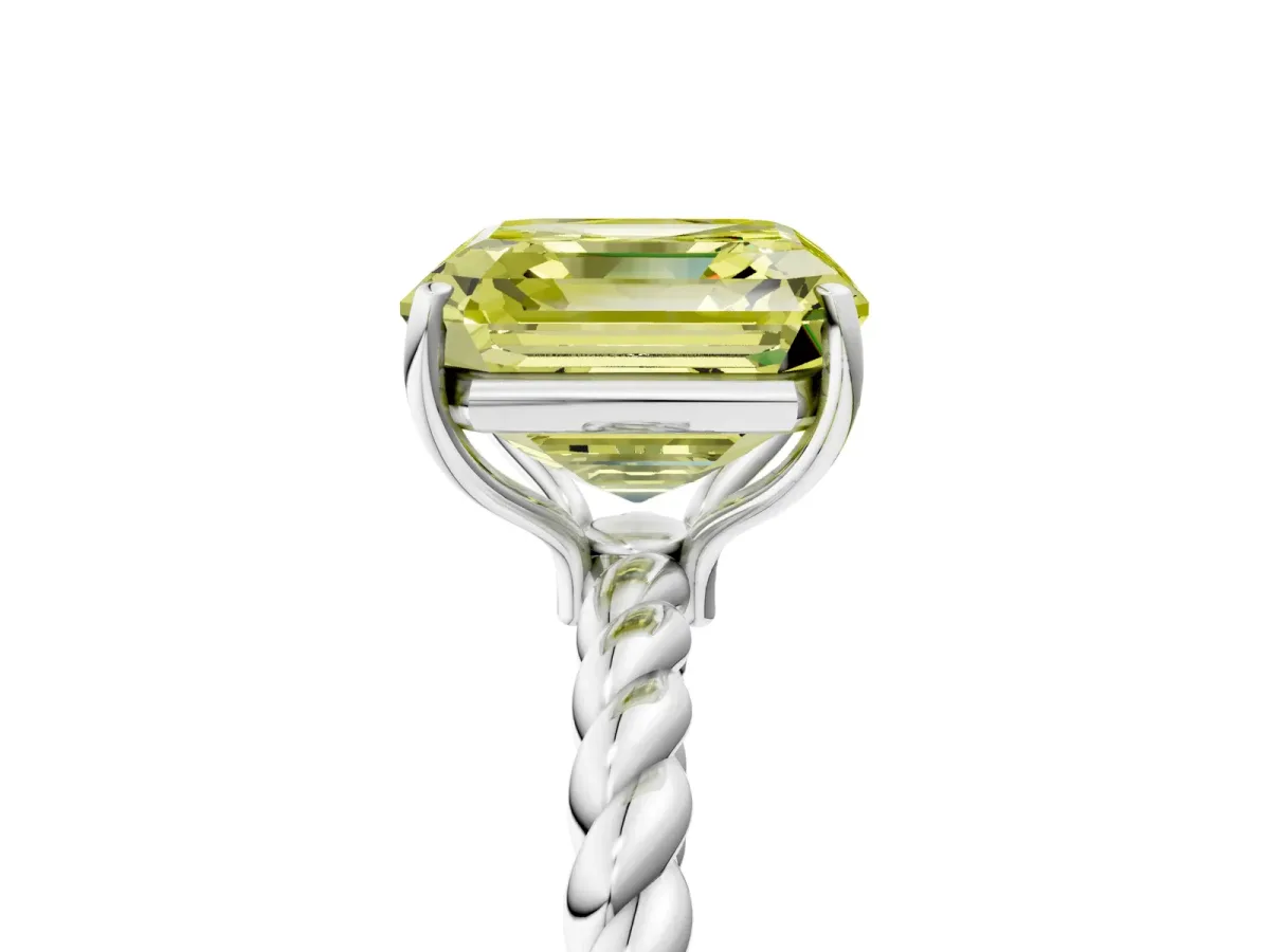 Fancy Yellow Asscher Cut Solitaire Twisted Band 4-Prong Ring Platinum