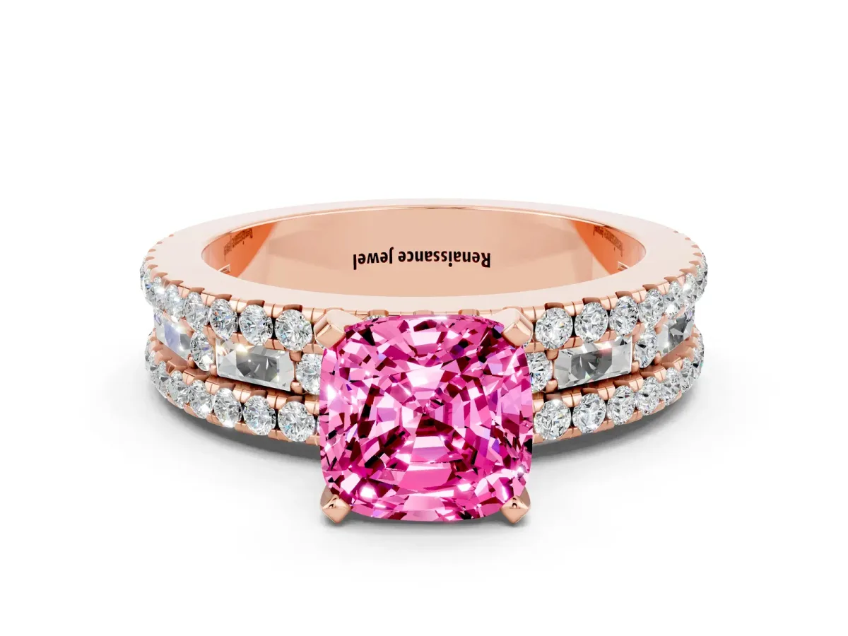 Cushion Cut Pink Sapphire Solitaire Ring with Pavé and Channel Set Band Rose gold