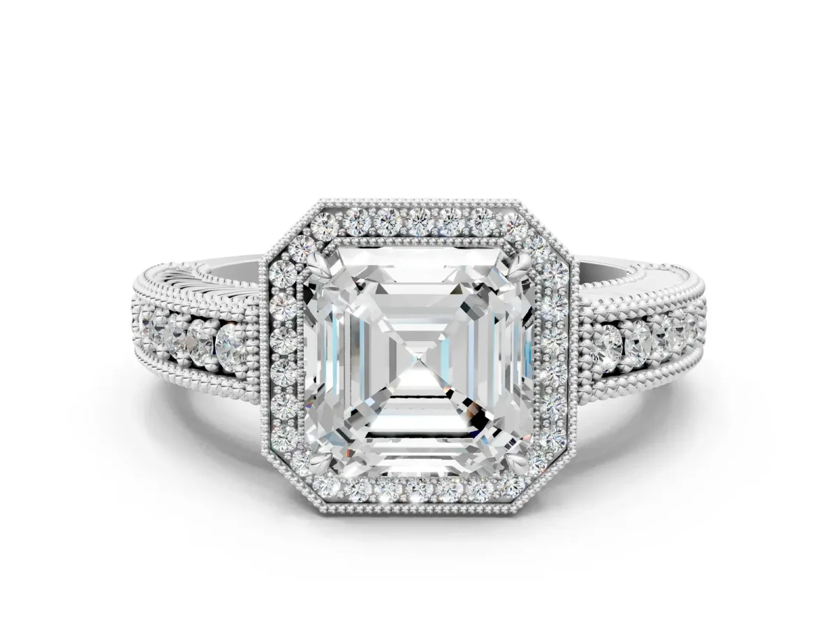 Asscher Cut Cut Halo Diamond Ring with Pavé Band and Four-Prong Setting Platinum