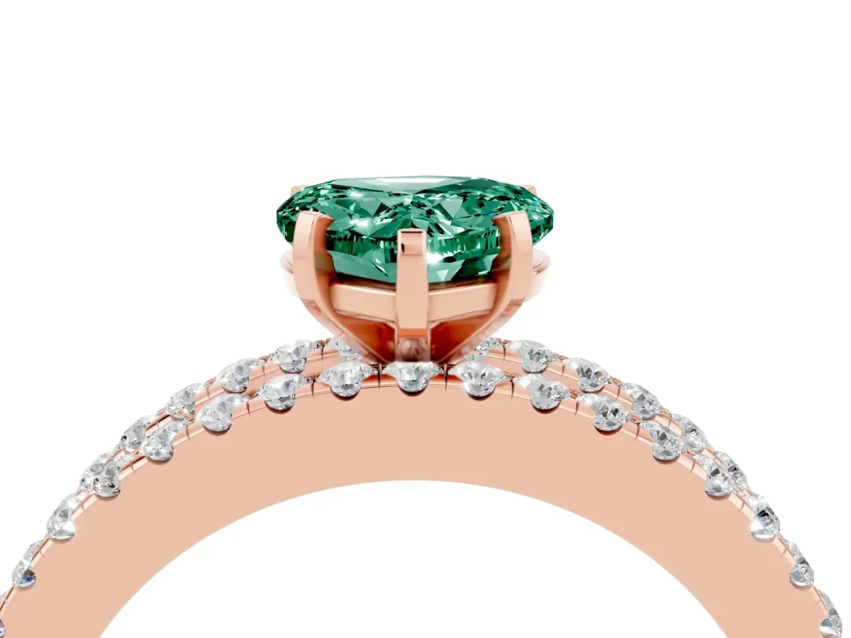 Heart Cut Green Sapphire Solitaire Ring with Pavé and Channel Set Band Rose gold