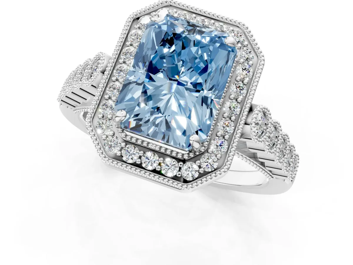 Fancy Blue Radiant Cut Halo Milgrain Solitaire with Bezel Set Side Stones and Pave Band Platinum