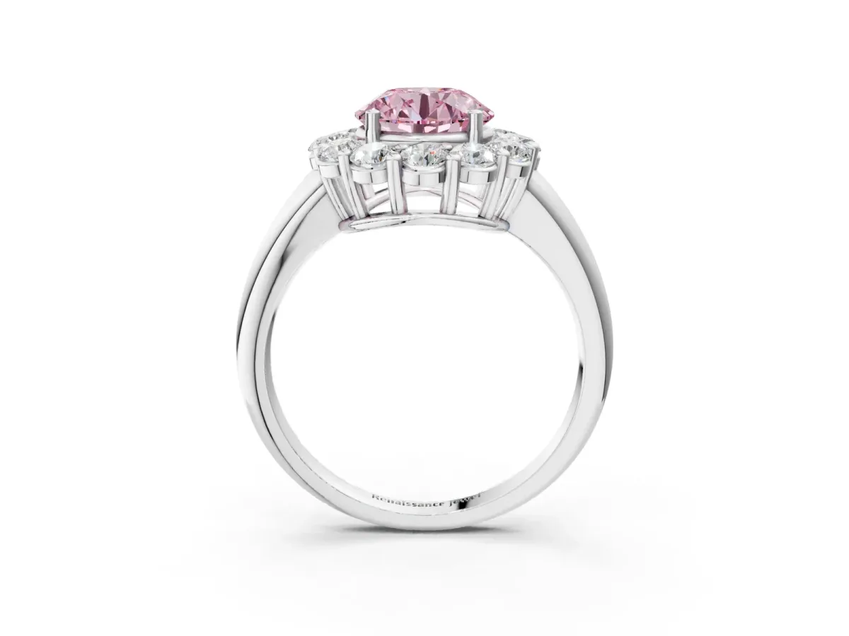 Fancy Pink Round Cut Halo Cluster Diamond Engagement Ring with Prong Setting and Polished Band White gold
