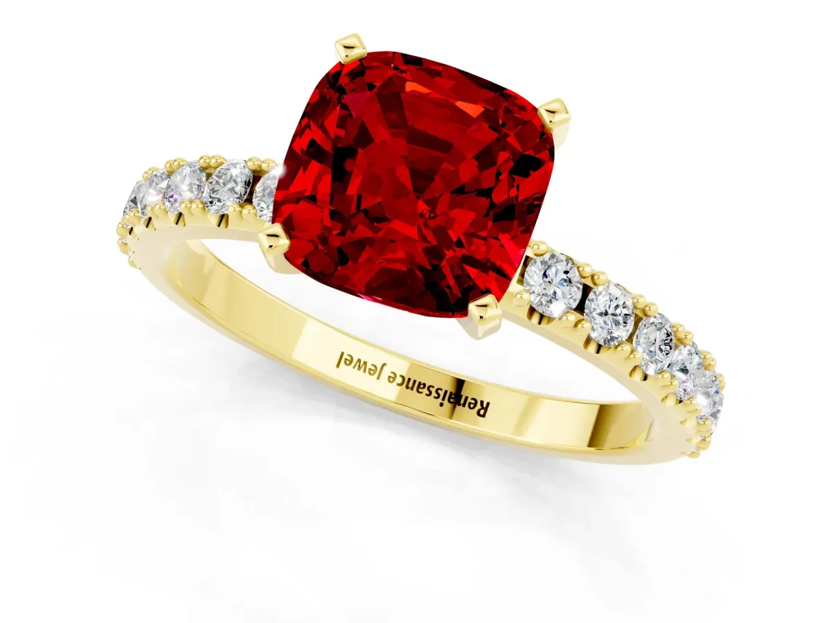 Cushion Cut Ruby Solitaire Pavé Band with Four-Prong Setting Yellow gold