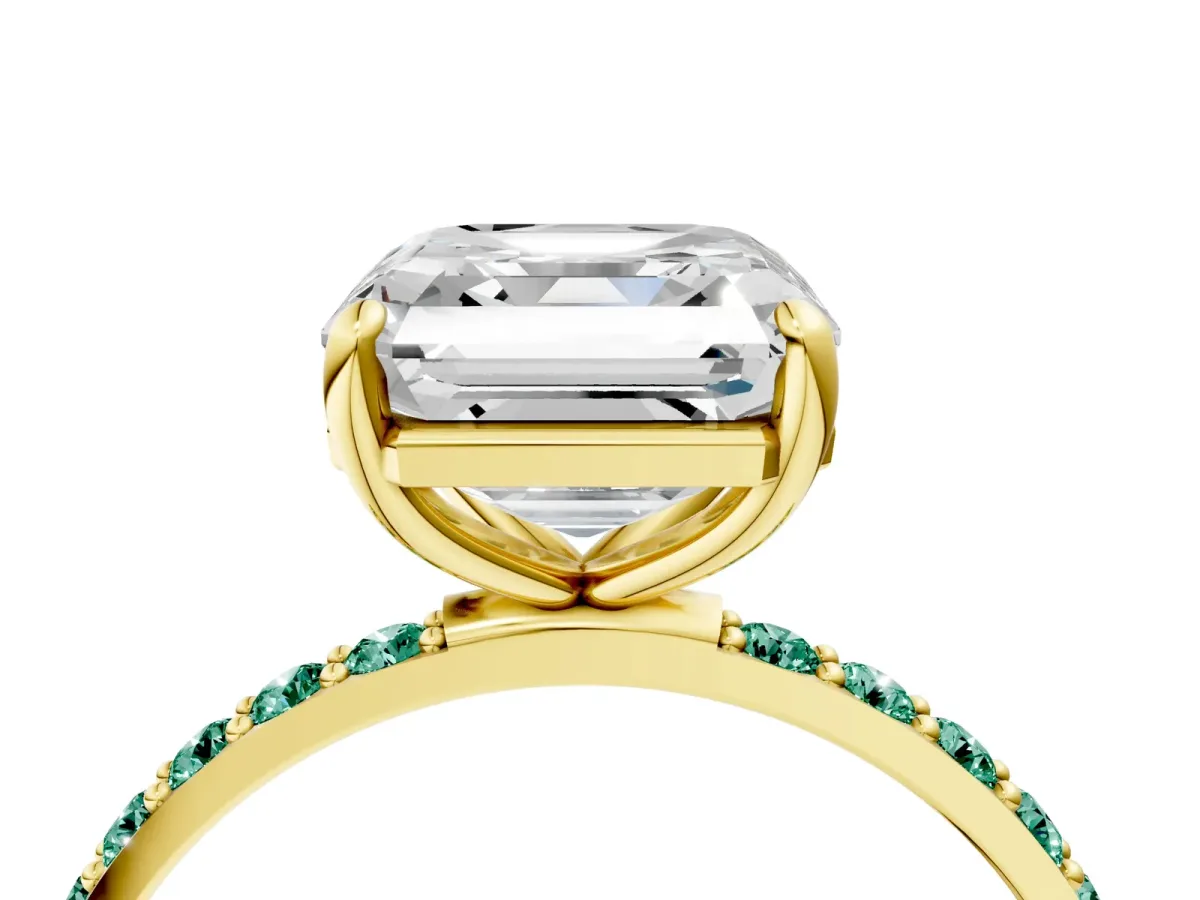 Asscher Cut Diamond Solitaire Ring with Round Green Sapphire Pavé Band and Prong Setting Yellow gold