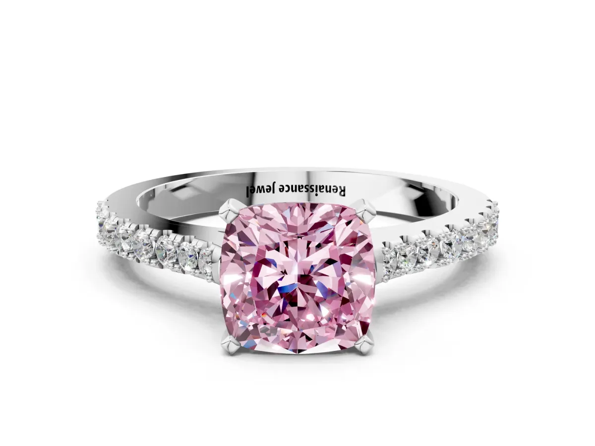 Fancy Pink Cushion Cut Cut Solitaire Diamond Engagement Ring with Pave Band and Four-Prong Setting White gold