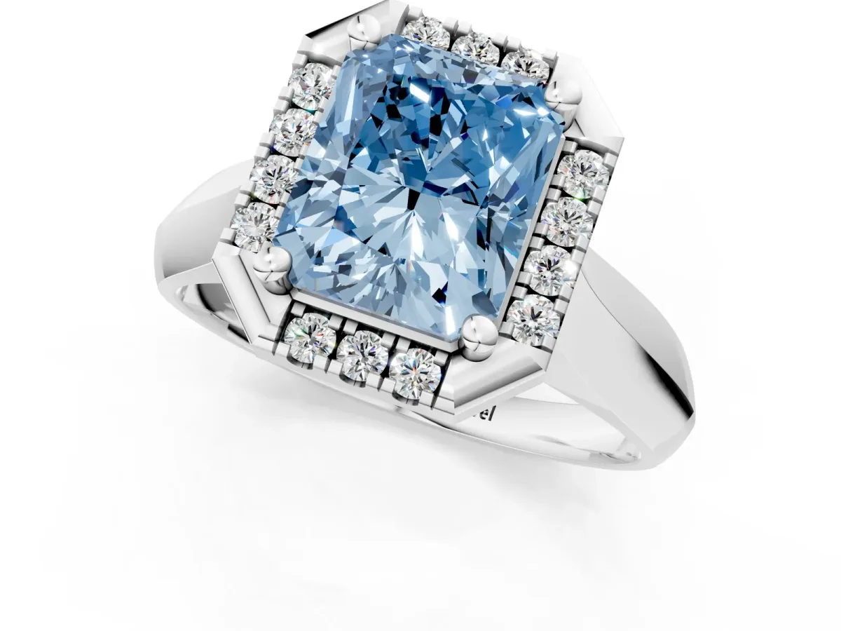 Fancy Blue Radiant Cut Cut Halo Solitaire Engagement Ring with Square Band and Four-Prong Setting White gold